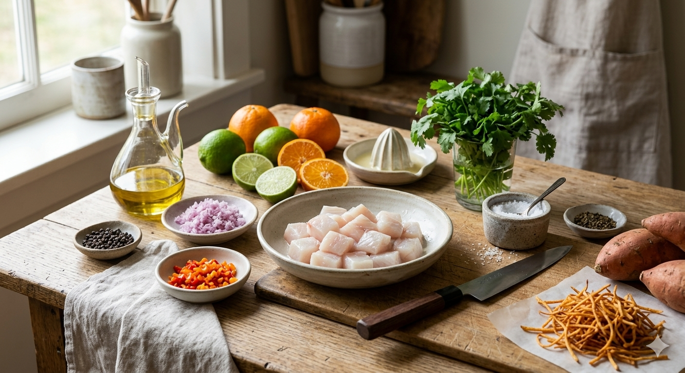 Fresh ingredients for a white fish ceviche laid out on a rustic wooden table, including cubed white fish, fresh lime, tangerines, minced red onion, diced aji chilies, fresh cilantro, a bottle of olive oil, and crispy sweet potato strings.