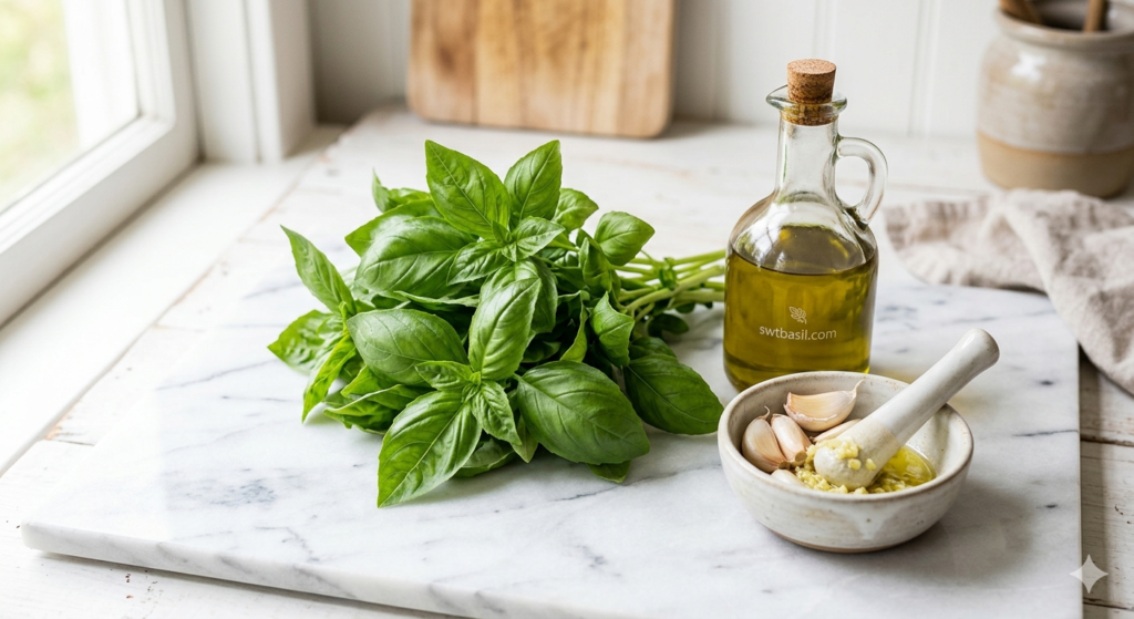 "Fresh basil leaves, a bottle of extra virgin olive oil, and a mortar and pestle with garlic cloves on a marble surface for swtbasil.com."