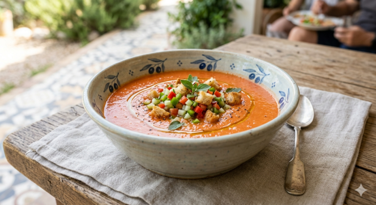 "A ceramic bowl filled with vibrant orange gazpacho, garnished with a colorful mound of finely diced cucumber, red bell pepper, and crispy sourdough croutons, drizzled with olive oil and fresh herbs, sitting on a rustic wooden table."