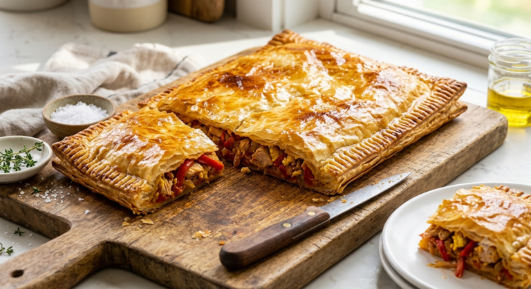 Crispy homemade Empanada Gallega made with filo pastry, tuna, roasted red peppers, and onions on a wooden cutting board.