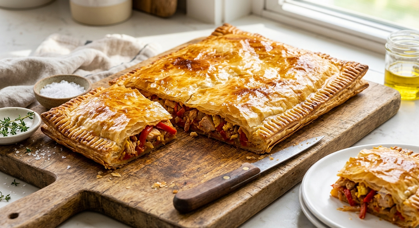 Crispy homemade Empanada Gallega made with filo pastry, tuna, roasted red peppers, and onions on a wooden cutting board.