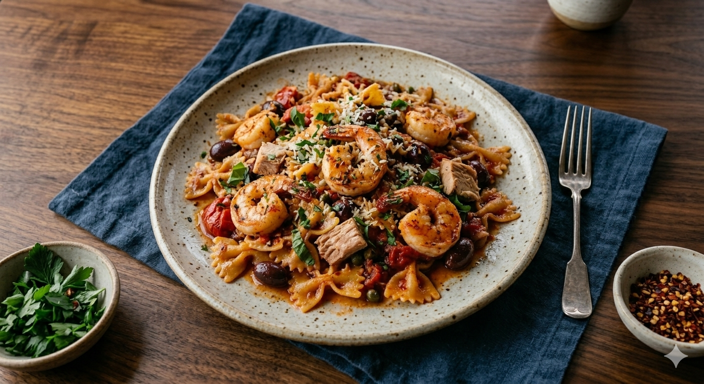 "A gourmet farfalle pasta dish featuring seared shrimp, flaky albacore tuna, and San Marzano tomatoes, served on a rustic speckled ceramic plate over a blue linen napkin."