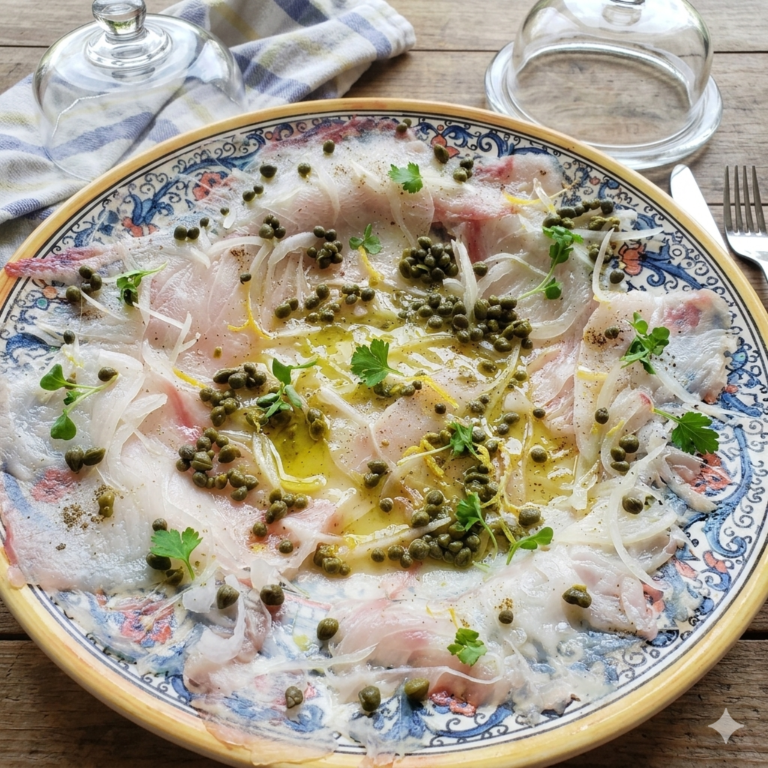 Top-down view of thinly sliced raw mahi-mahi carpaccio arranged on a patterned Mediterranean ceramic platter, garnished generously with green capers, slivered white onions, olive oil, and cracked black pepper.
