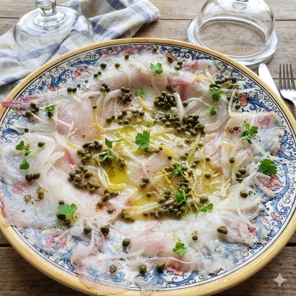 Top-down view of thinly sliced raw mahi-mahi carpaccio arranged on a patterned Mediterranean ceramic platter, garnished generously with green capers, slivered white onions, olive oil, and cracked black pepper.
