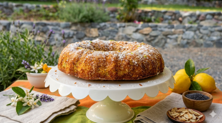 A freshly baked golden lemon poppy seed zucchini cake dusted with powdered sugar, displayed on a white scalloped pedestal stand. The cake is set outdoors on a vibrant table against a blurred stone garden wall backdrop, flanked by fresh whole lemons, a small bowl of poppy seeds, and sliced almonds.
