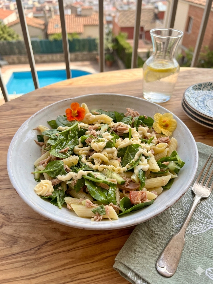A vibrant, creamy pasta salad in a rustic ceramic bowl, topped with tuna, fresh spinach, cucumber, and a delicate swirl of avocado mayonnaise, served on an outdoor table overlooking a swimming pool in Barcelona.