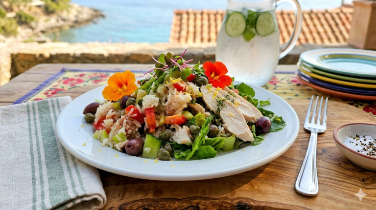 A vibrant, healthy summer rice salad served on a white plate, topped with fresh edible flowers, tuna, sliced chicken breast, capers, and crisp vegetables, set against a Mediterranean seaside background.