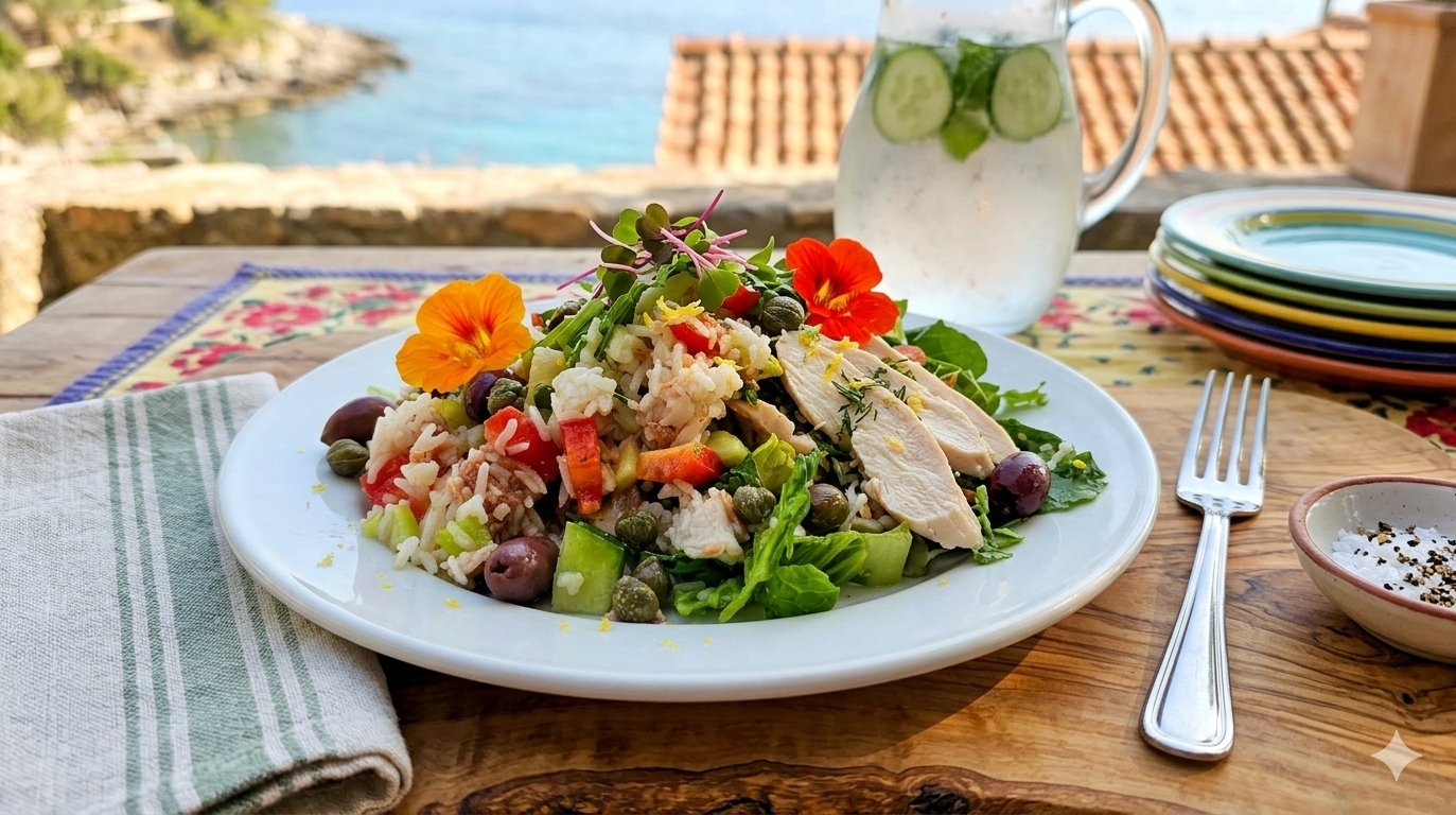 A vibrant, healthy summer rice salad served on a white plate, topped with fresh edible flowers, tuna, sliced chicken breast, capers, and crisp vegetables, set against a Mediterranean seaside background.
