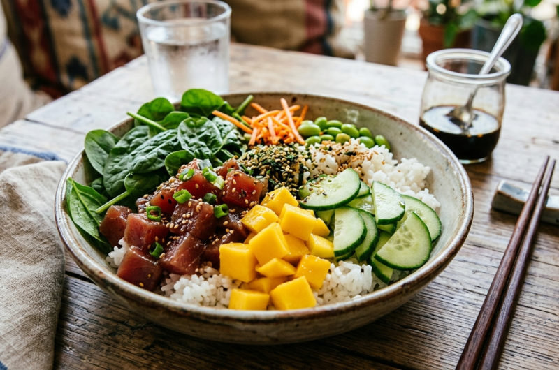 Easy Ahi Tuna Poke Bowl Recipe with Mango and Spinach