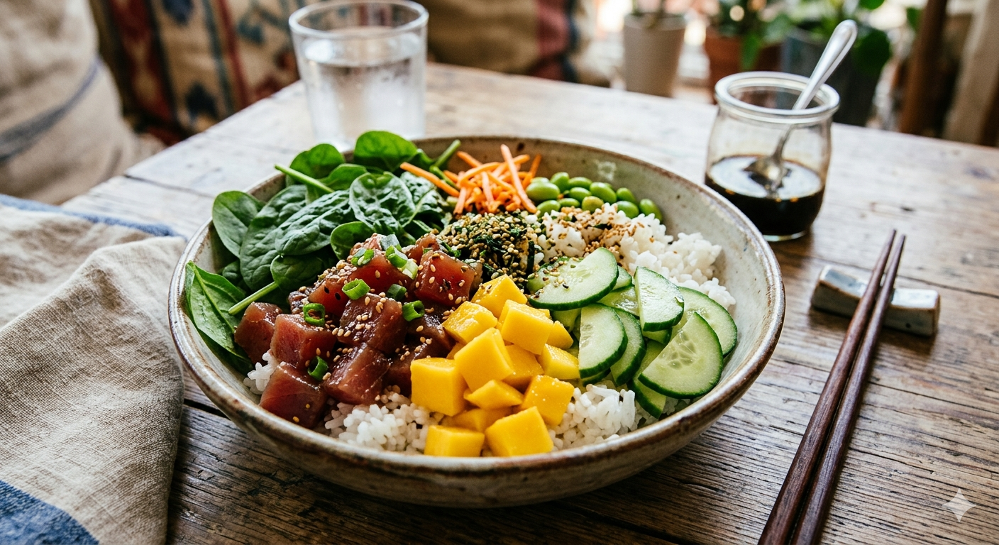 Easy Ahi Tuna Poke Bowl Recipe with Mango and Spinach