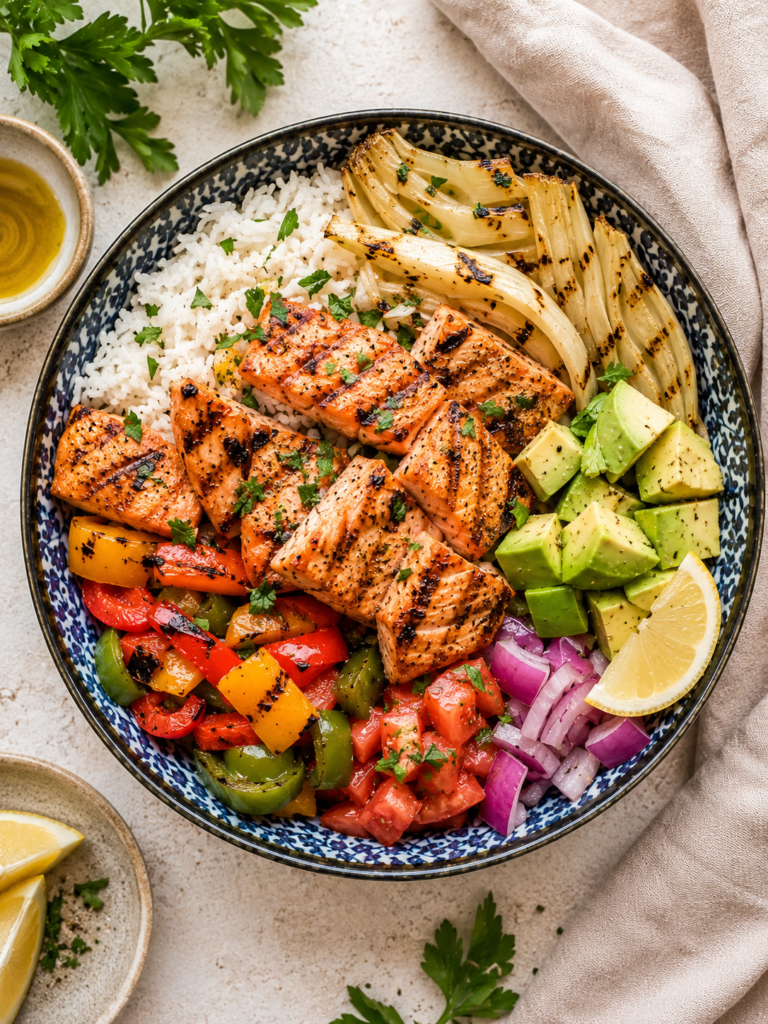 Mediterranean Grilled Salmon Bowl with Grilled Fennel and Avocado (30-Minute Dinner)