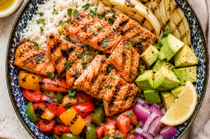 Mediterranean Grilled Salmon Bowl with Grilled Fennel and Avocado