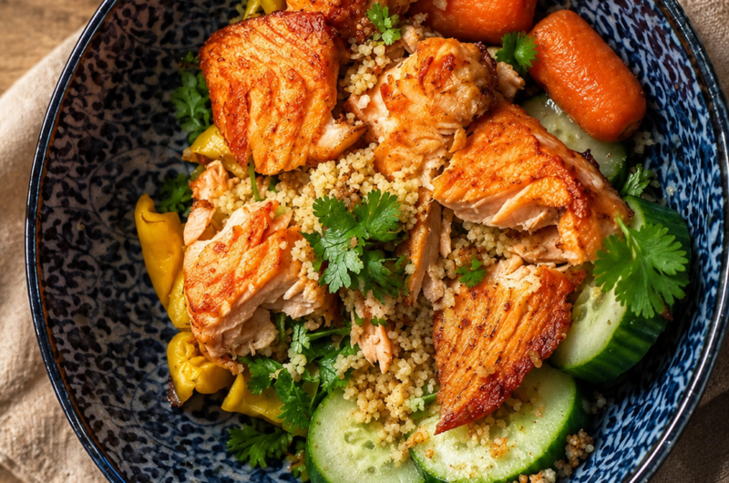 Mediterranean Salmon Couscous Bowl with Fresh Vegetables