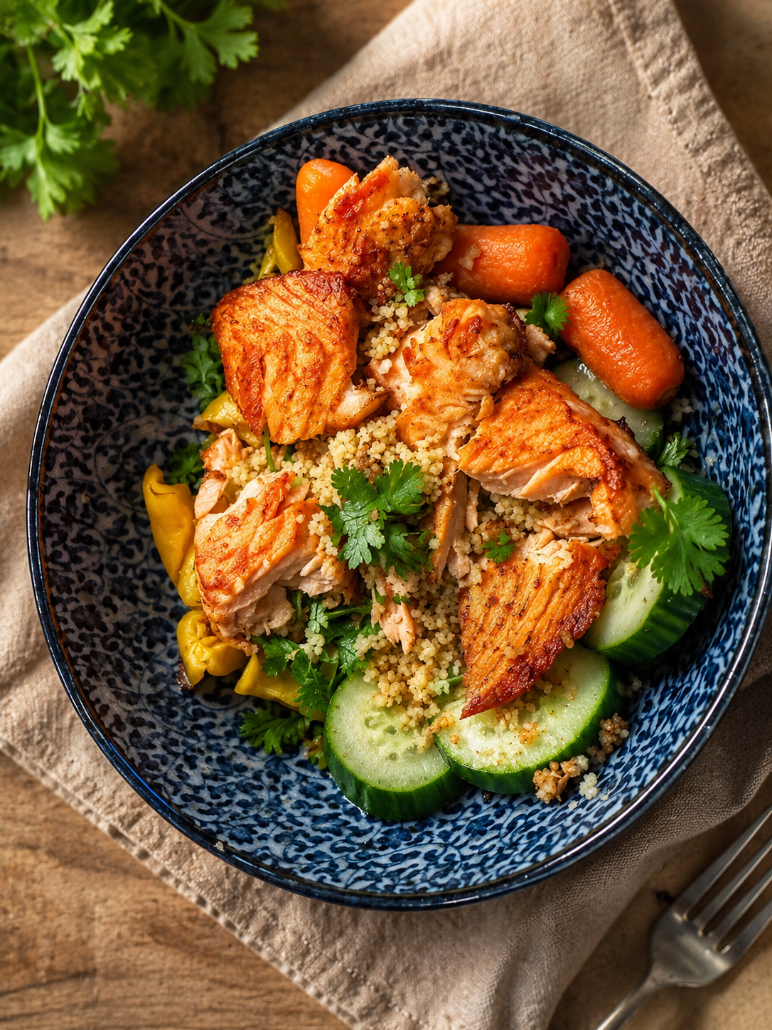 Mediterranean Salmon Couscous Bowl with Fresh Vegetables