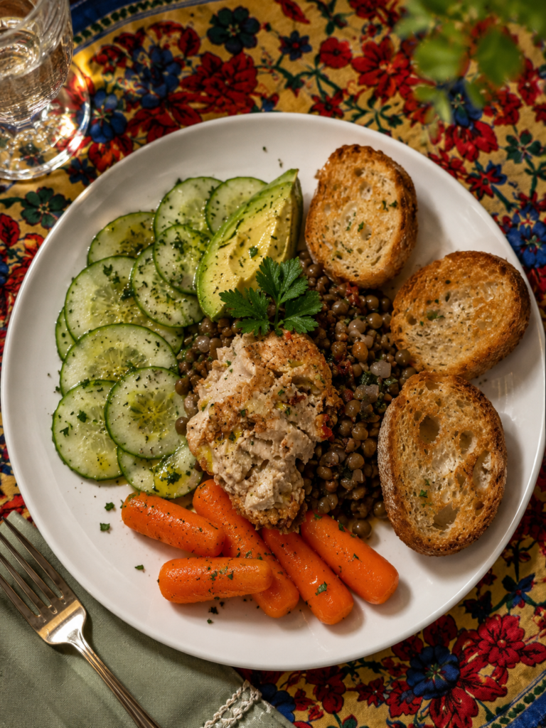 Mediterranean dinner plate with creamy hummus, seasoned lentils, avocado, cucumber salad, baby carrots, and toasted crostini.