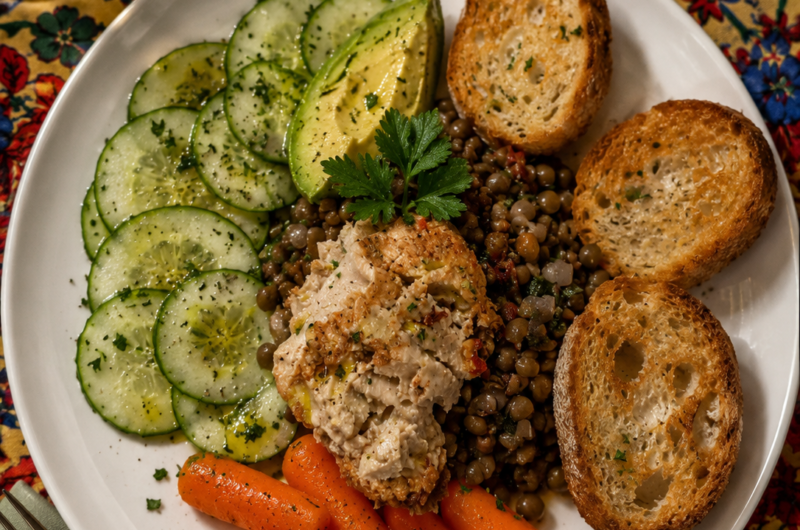 Mediterranean dinner plate with creamy hummus, seasoned lentils, avocado, cucumber salad, baby carrots, and toasted crostini.