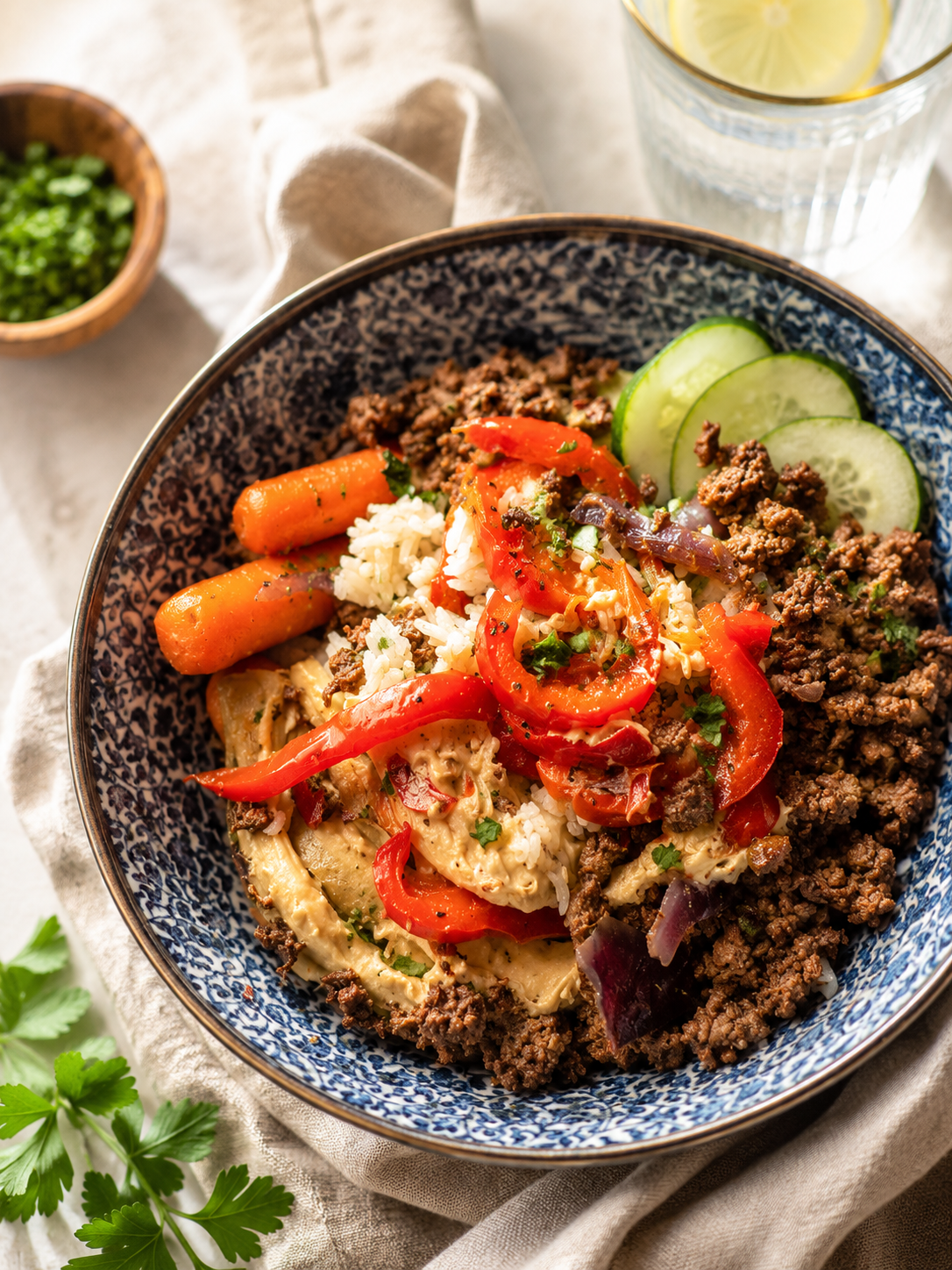Mediterranean Beef Rice Bowl with Roasted Vegetables!
