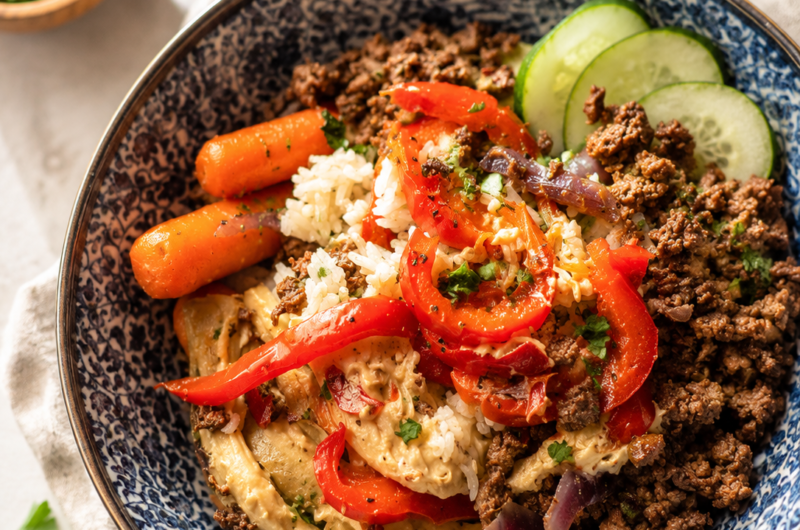Mediterranean Beef Rice Bowl with Roasted Vegetables