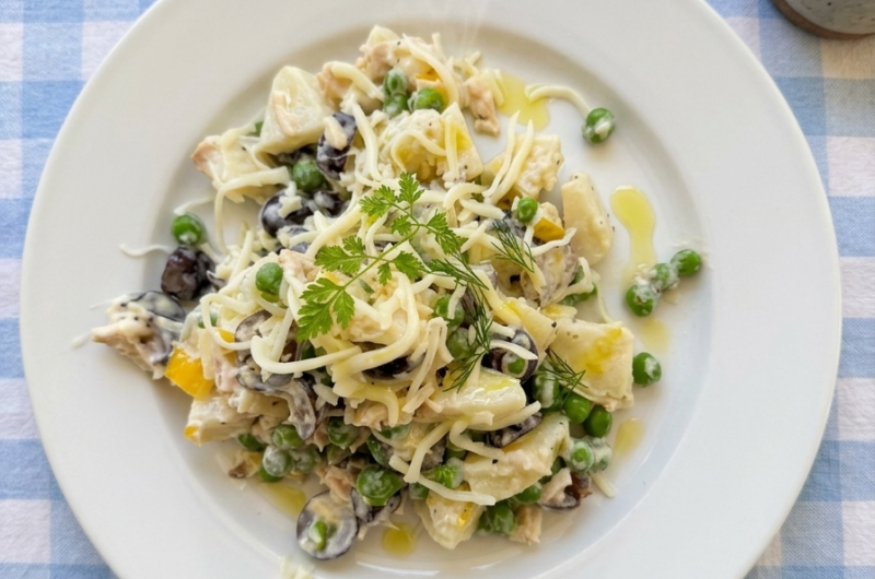 Creamy Potato Tuna Salad with Peas and Black Olives