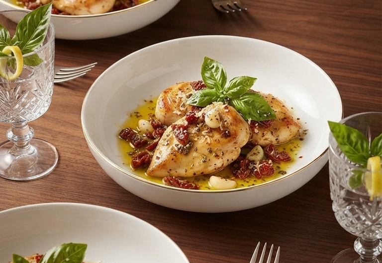 "Three elegant plates of Signature Herb Chicken, featuring golden-brown chicken breasts, sun-dried tomatoes, and fresh basil in an olive oil sauce, served on a dark wooden bistro table with crystal glasses."