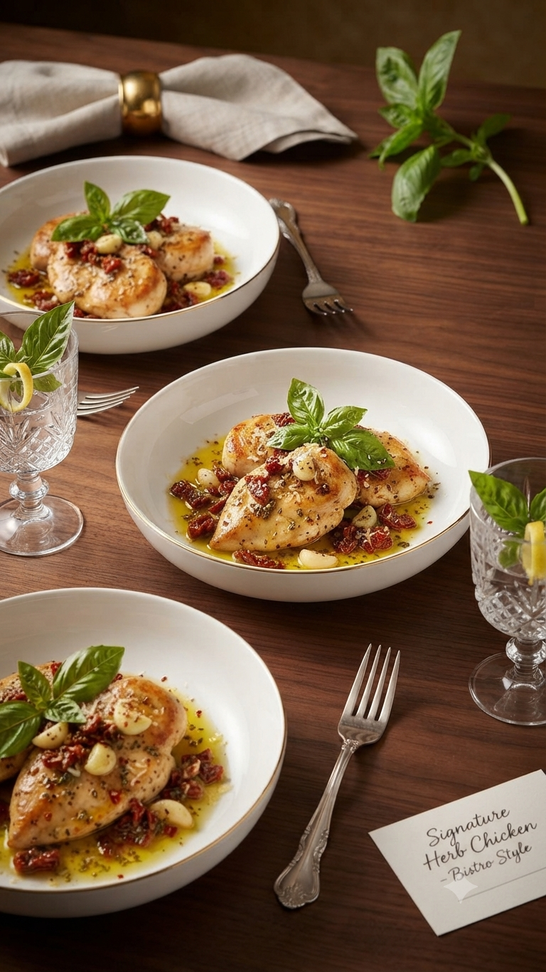 "Three elegant plates of Signature Herb Chicken, featuring golden-brown chicken breasts, sun-dried tomatoes, and fresh basil in an olive oil sauce, served on a dark wooden bistro table with crystal glasses."