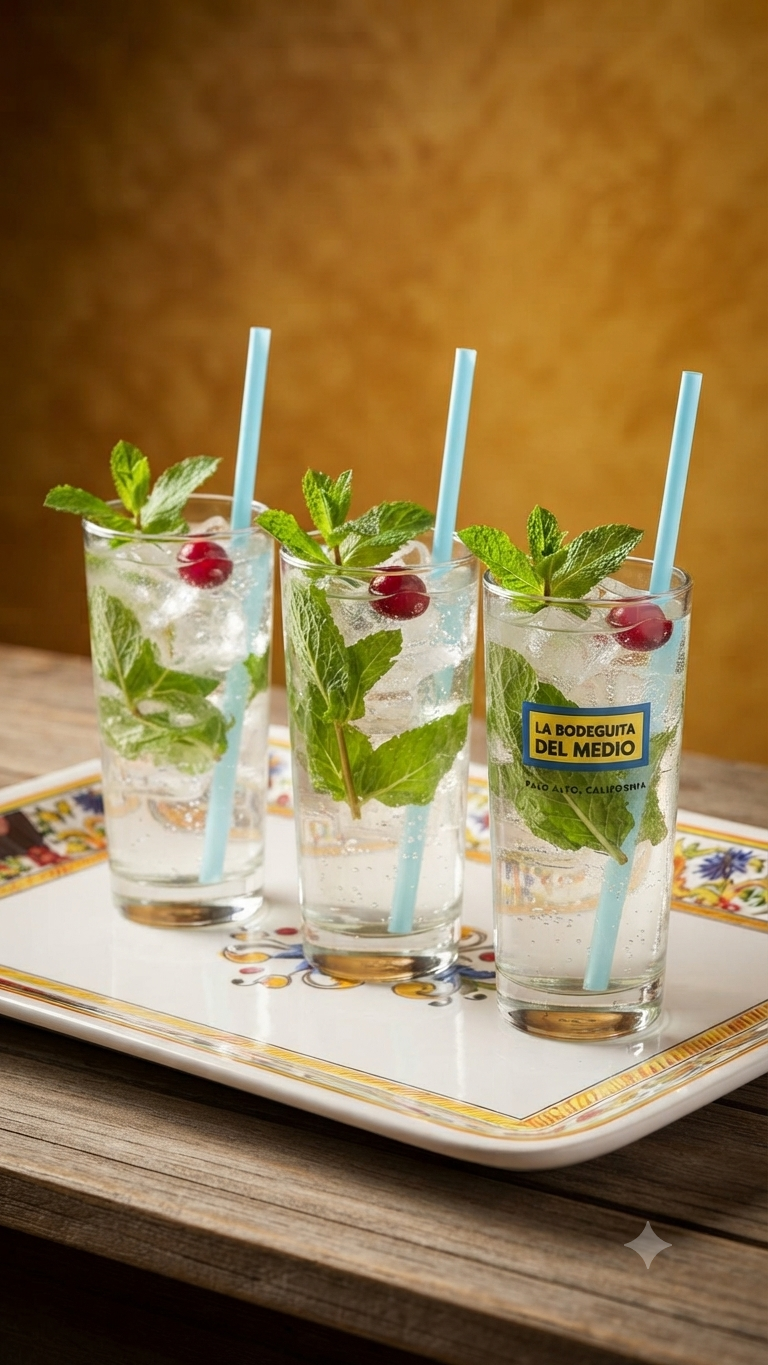 "Three refreshing mojitos garnished with fresh mint and cranberries, served on a colorful decorative tray."