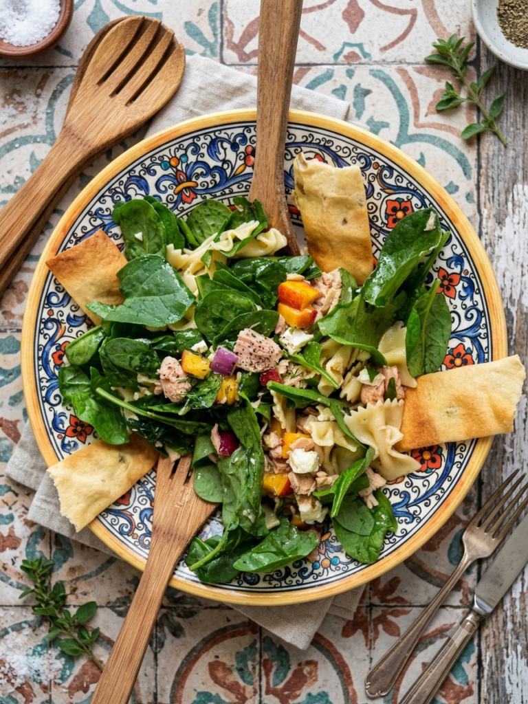 Mediterranean pasta salad with spinach, bow-tie pasta, tuna, and toasted pita bread served in a colorful ceramic bowl.