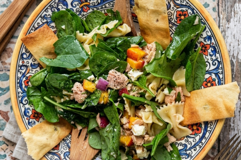 Loaded Mediterranean Pasta Salad with Spinach, Tuna, and Crispy Flatbread