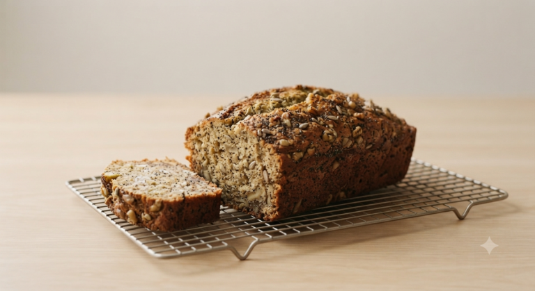 A freshly baked loaf of banana bread topped with poppy seeds, sunflower seeds, and walnuts, cooling on a wire rack on a plain wooden surface.