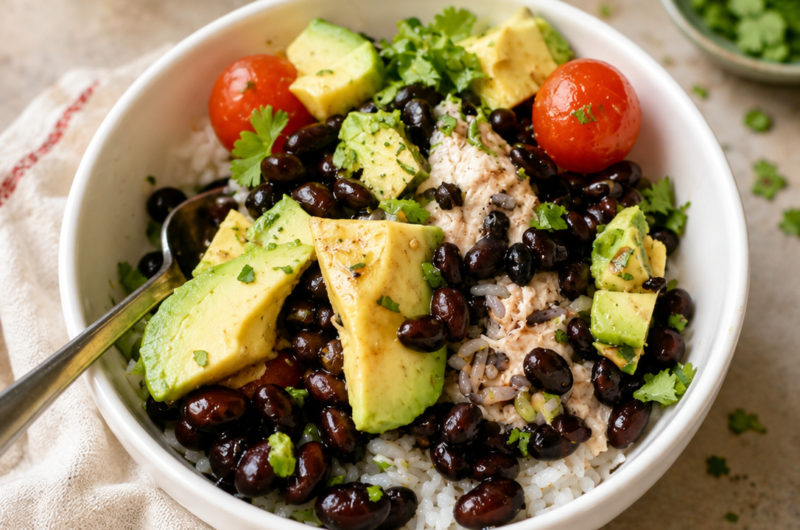 Mediterranean Chicken Rice Bowl with Black Beans and Avocado