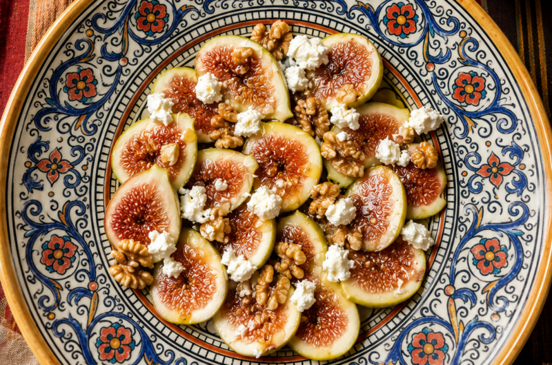 Figs with Goat Cheese, Roasted Walnuts & Honey