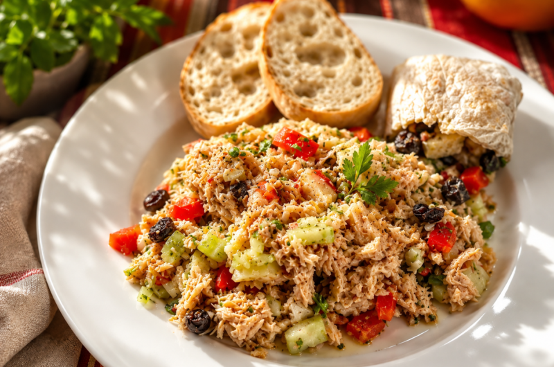 Mediterranean Summer Rice Salad with Tuna, Cucumber & Cherry Tomatoes