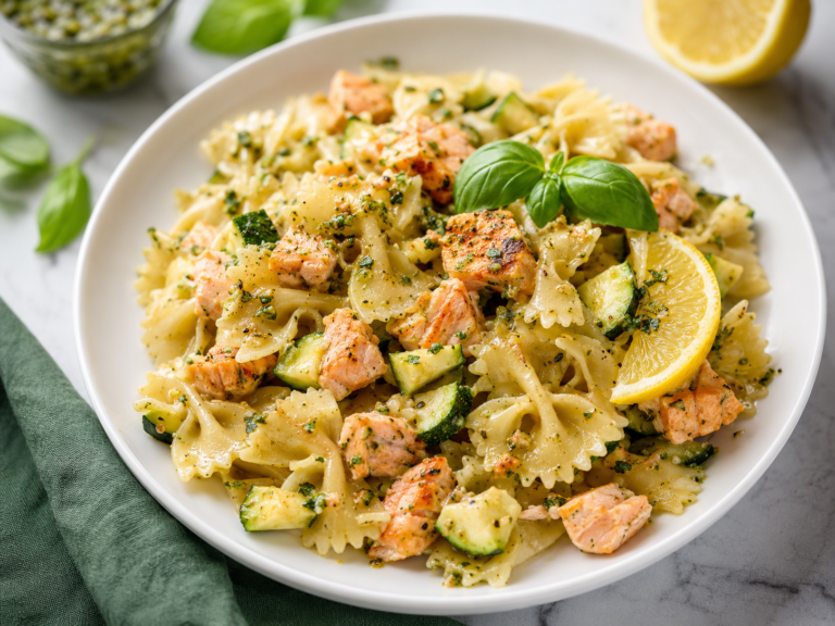 Lemon Herb Pasta Salmon with Zucchini and Pesto