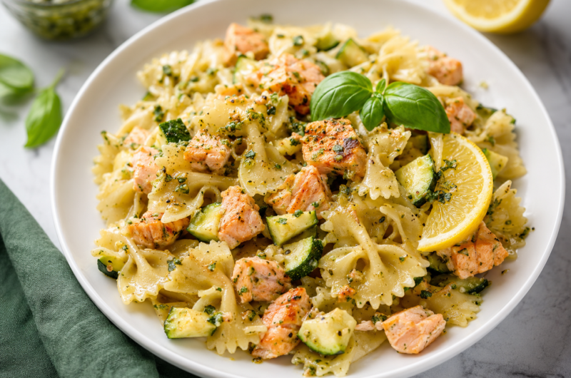 Lemon Herb Salmon Pasta with Zucchini and Pesto