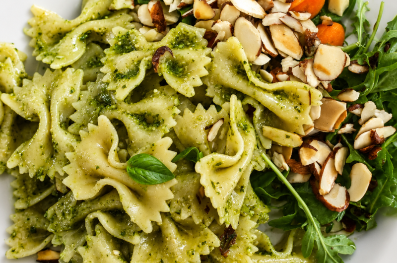 Pesto Farfalle Pasta with Spinach, Arugula and Toasted Almonds