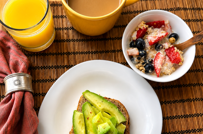 Healthy Avocado Toast Breakfast with Yogurt, Berries & Orange Juice
