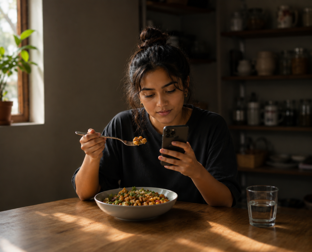 Woman eating with phone
