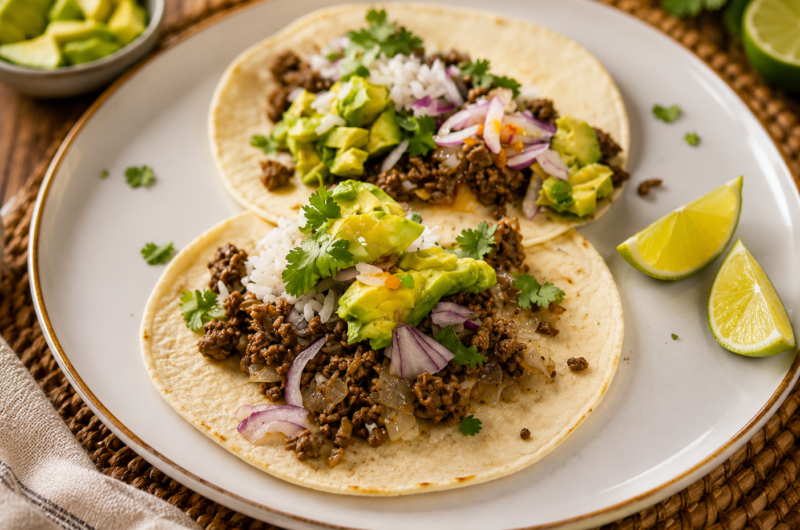 Tacos de Carne con Tortilla de Yuca Amazónica, Aguacate y Salsa de Maracuyá