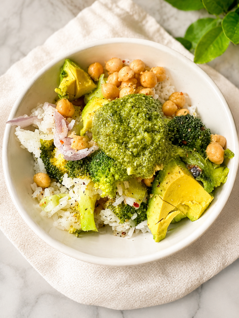 Mediterranean Rice Bowl with Broccoli, Chickpeas and Pesto
