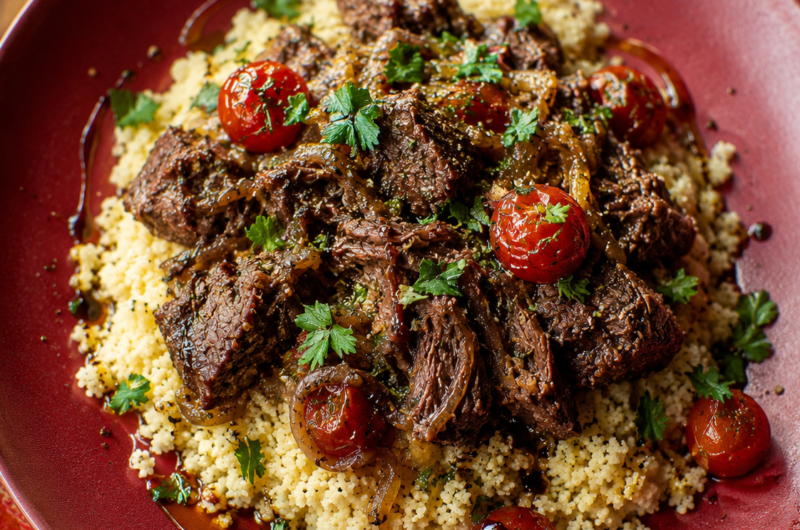 Mediterranean Couscous with Beef, Balsamic Cherry Tomatoes & Fresh Herbs