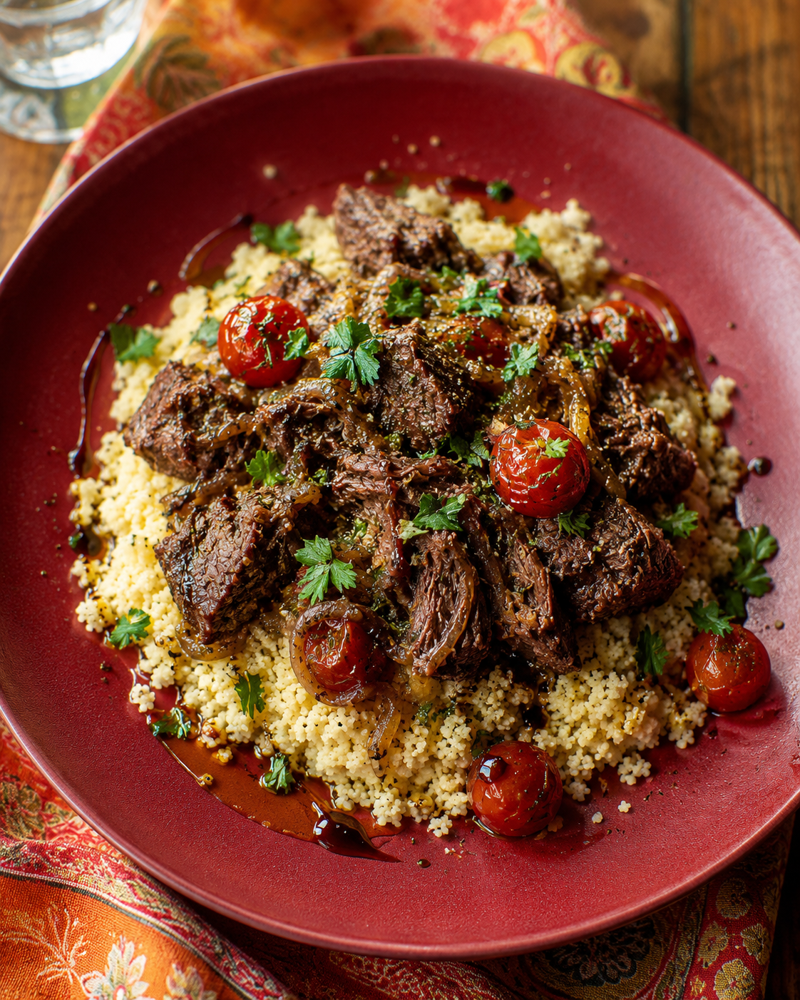 Mediterranean Couscous with Beef, Balsamic Cherry Tomatoes & Fresh Herbs