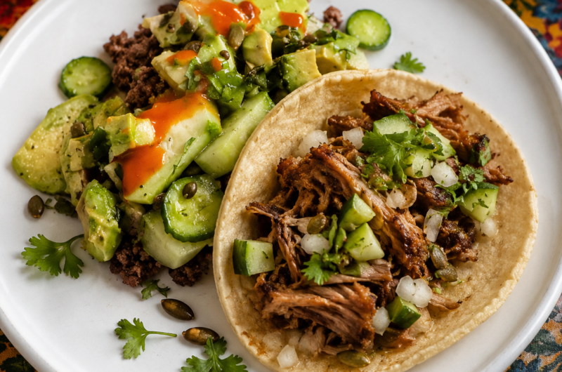 Tacos de Carne Mixta con Aguacate y Ensalada de Pepino con Pepitas
