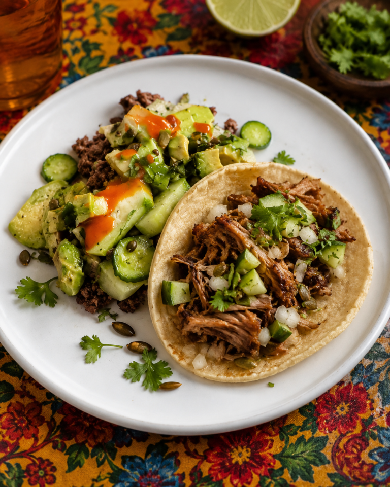 Easy Carnitas Tacos with Avocado, Cucumber & Pepitas