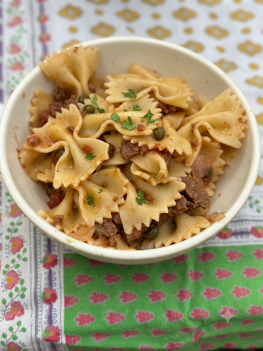 Farfalle con Carne Picada, Tomate Marzano y Alcaparras