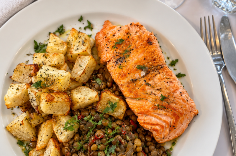 Salmon with Paprika Lentils and Crispy Potatoes
