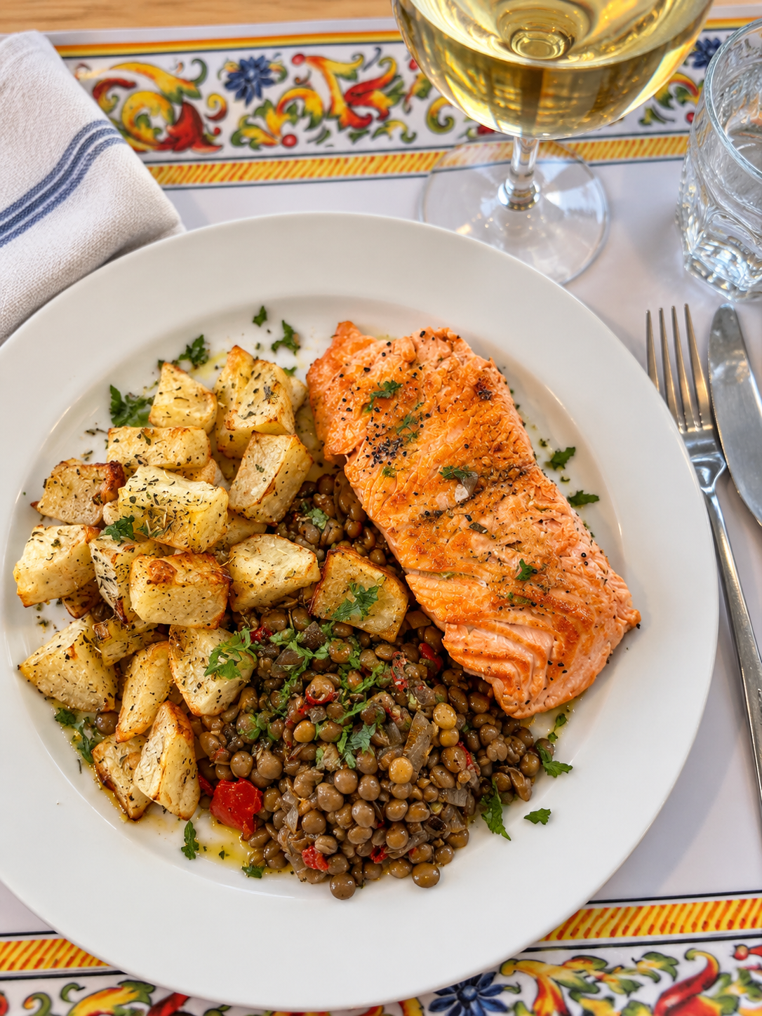 Salmon with Paprika Lentils and Crispy Potatoes